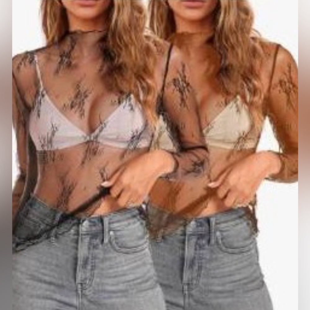 Women's Sheer Lace Long Sleeve Mock Neck Top - 2 Pack Medium